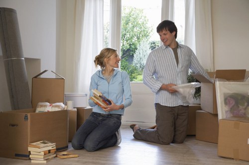 Boxes and household items organized inside a moving vehicle