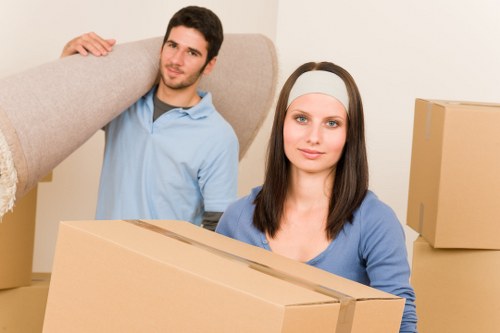 Professional movers handling boxes and furniture near local homes