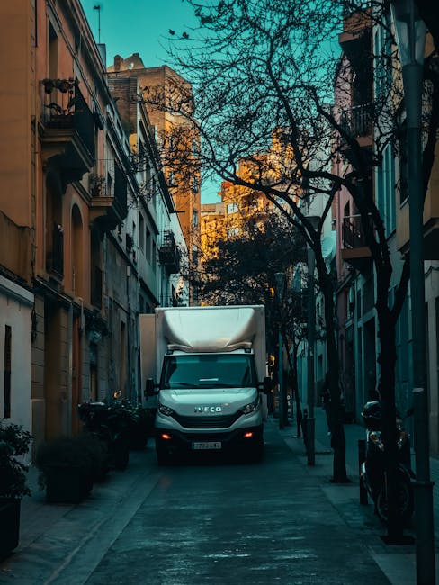 An image showing a white moving van parked on a city street in front of a commercial building with a blue sign reading 'Dublin Mouldings' and a closed roller shutter. The back of the van is open, reve